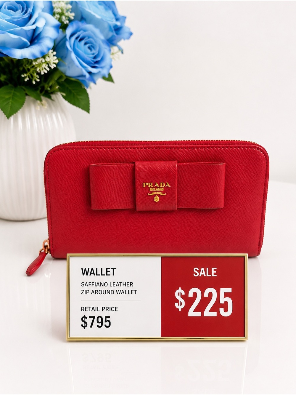 Prada Red Saffiano Zip-Around Wallet with Bow Detail